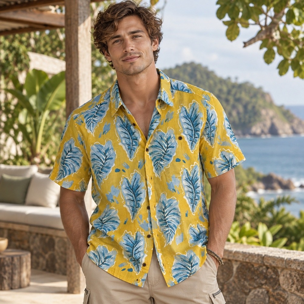 Patagonia Malihini Pataloha Shirt Mens L Yellow Blue Taro Leaf Print 52561